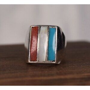 Vintage Navajo Sterling Silver Ring Turquoise Coral & Mother Of Pearl Inlay
